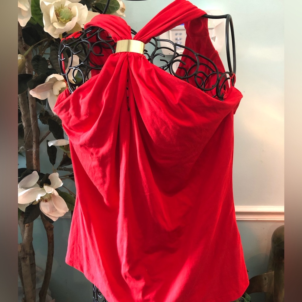 CACHE’ Red Halter Reversible with Gold Ring
